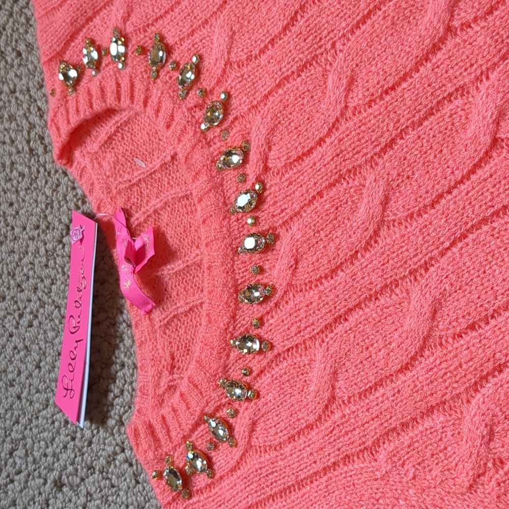 Lilly Pulitzer Dario Rhinestone Embellished Coral Scoop Neck Cable Knit Sweater - Picture 11 of 13